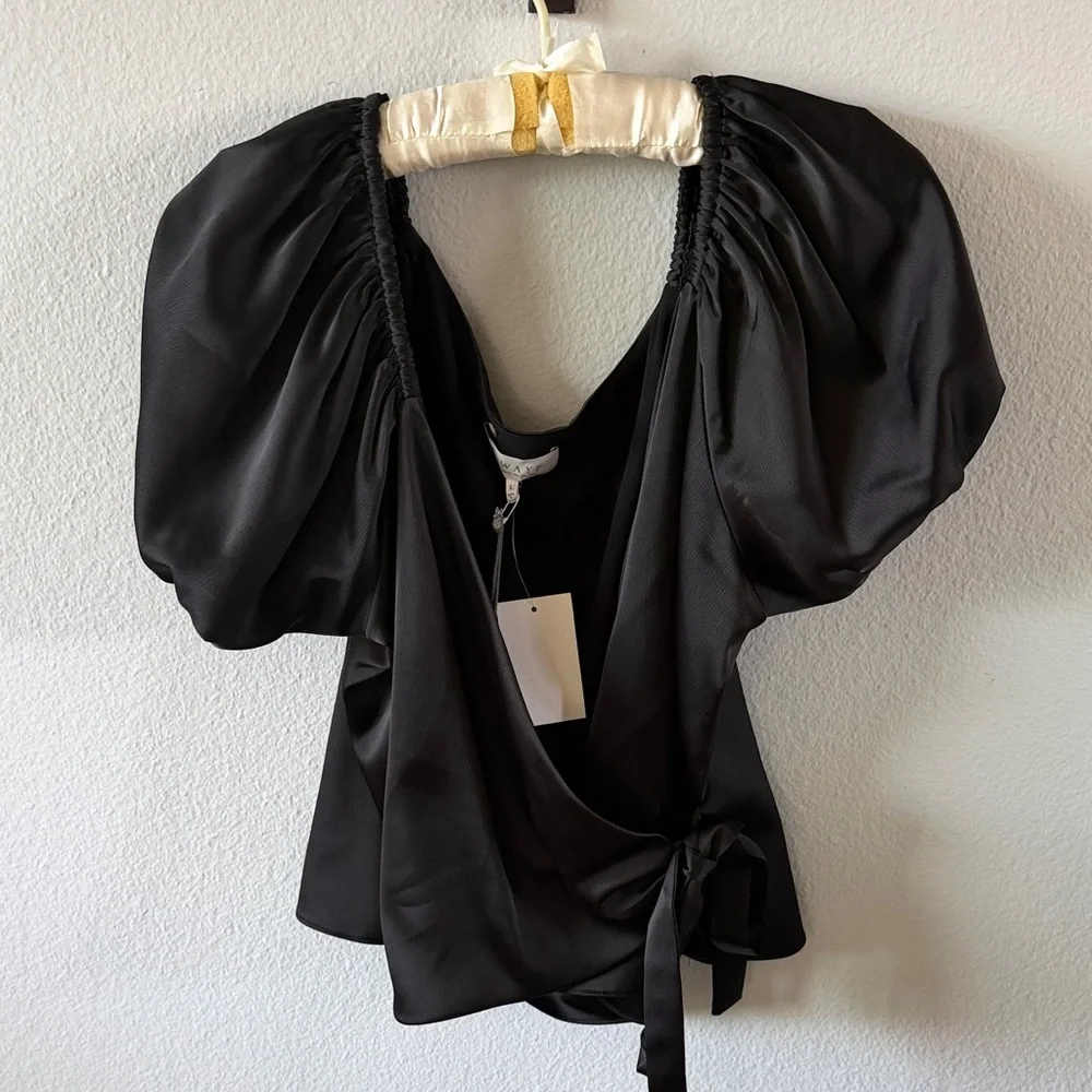 Wayf Black Satin Puff-Sleeve Wrap Blouse